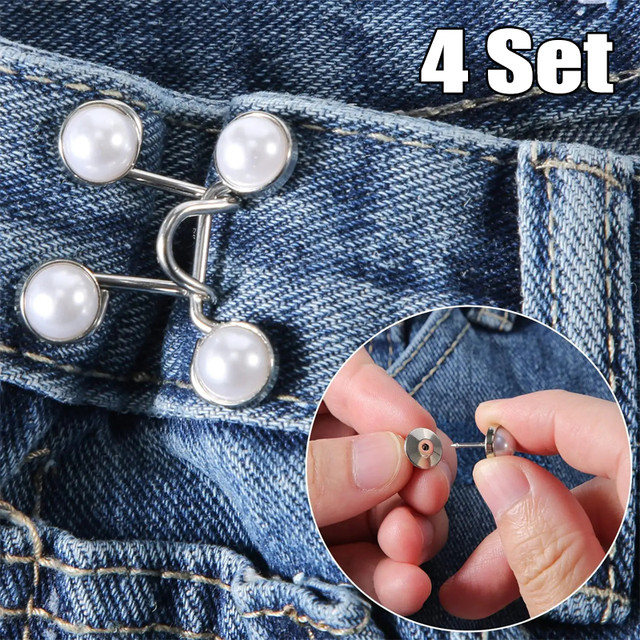 4 Set Jeans Button Pins Metal Pearl Snap Fastener Adjustable Pants Waist  Buckle Tightener DIY Clothing